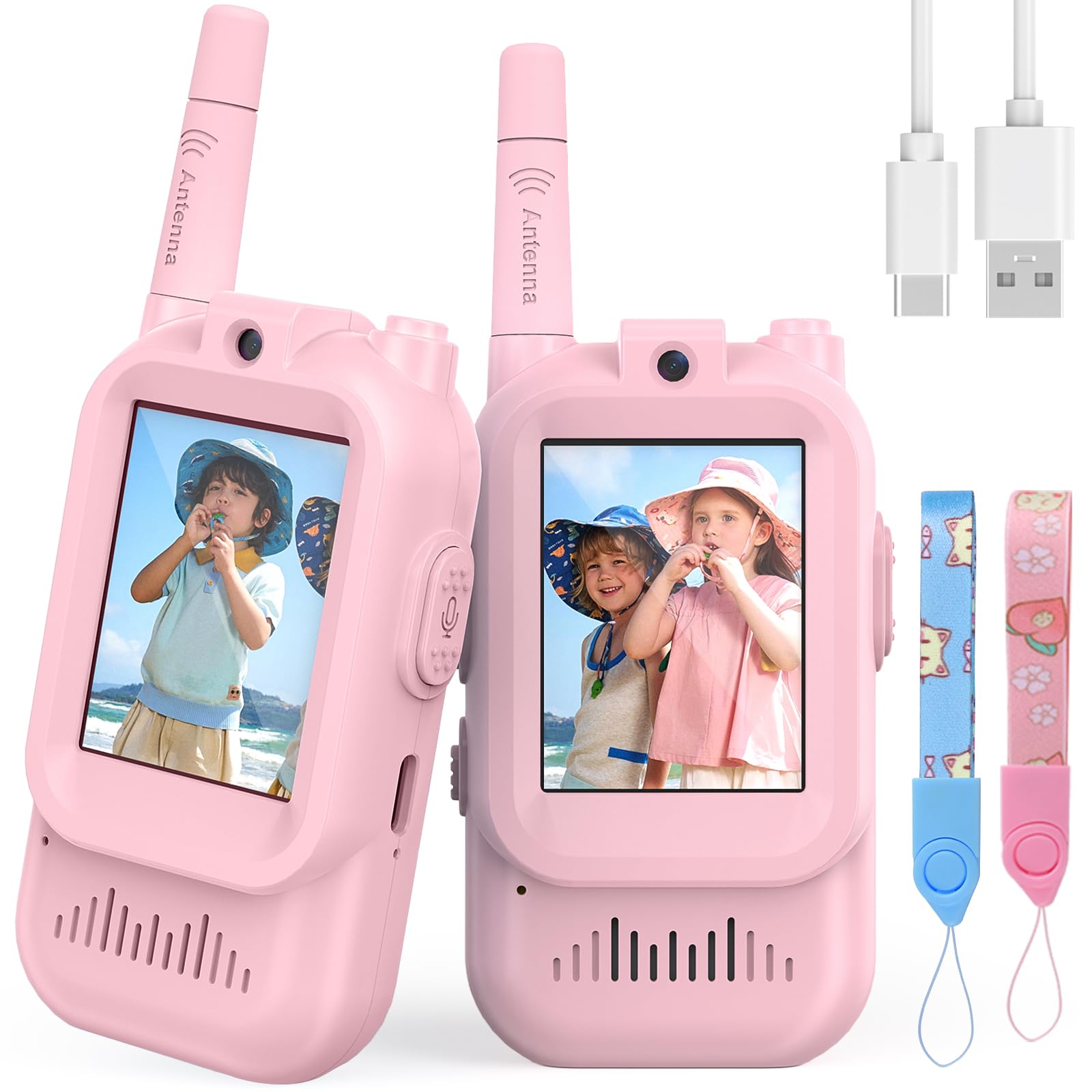 Hangrui Video Walkie Talkies for Kids 3 4 5 6 7 8 Year Old Boys Girls Gifts | 2 Pack Long Range, 2 Way Radio, Rechargeable, Birthday Presents Ages 3-8, Outdoor Toys for Camping Garden, Pink & Pink