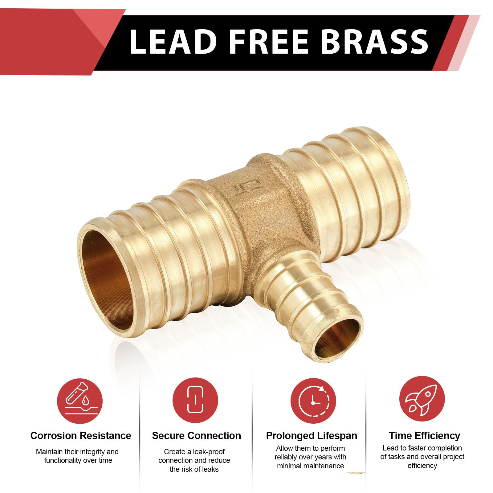 5-Pack Efield PEX Brass Tee Fittings - 1" X 1" X 1" Barb Crimp, Lead Free, NSF/ANSI 61 Certified