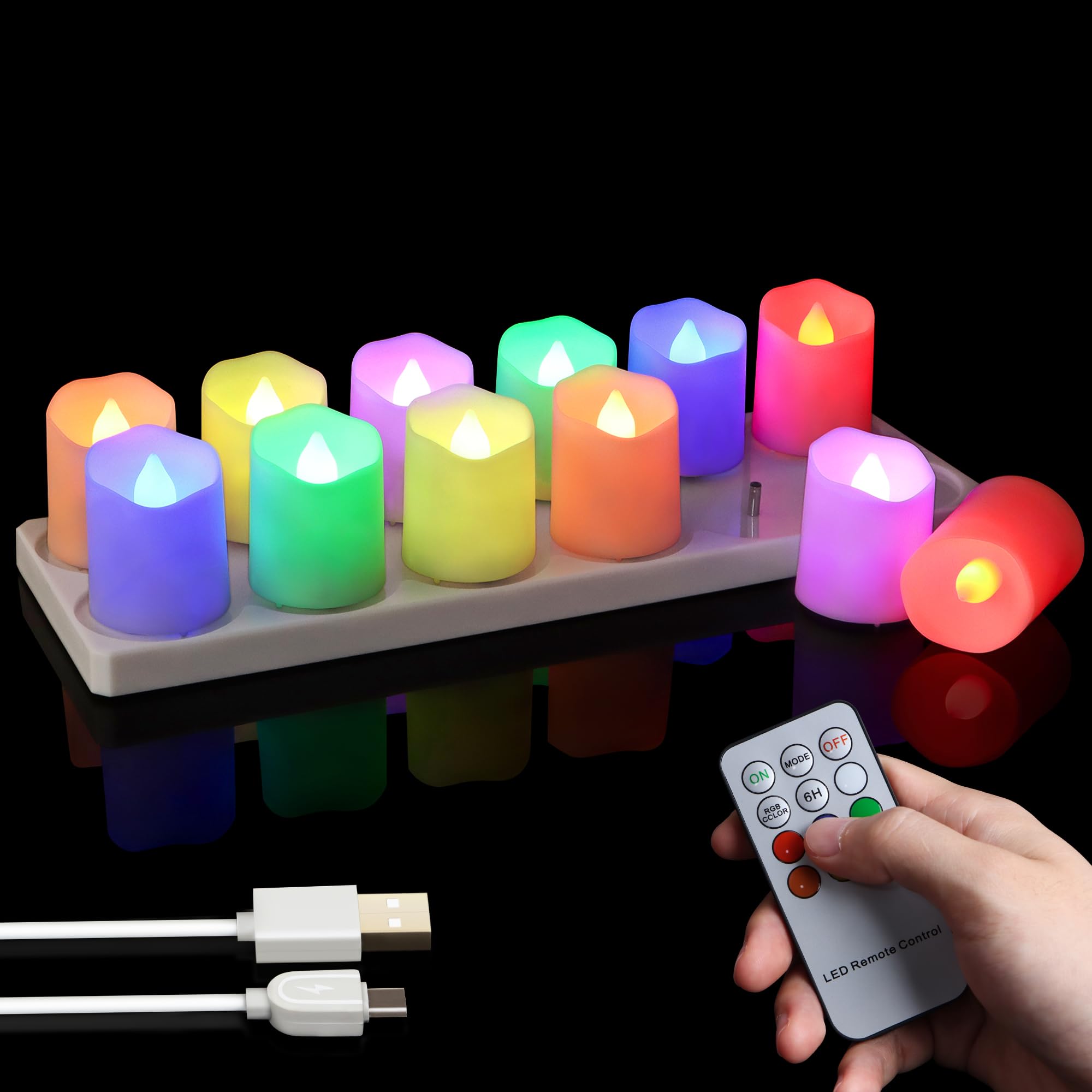 12 lumini ricaricabili senza fiamma RGB con base di ricarica e timer remoto, candele votive elettriche a LED che cambiano colore, cavo USB incluso