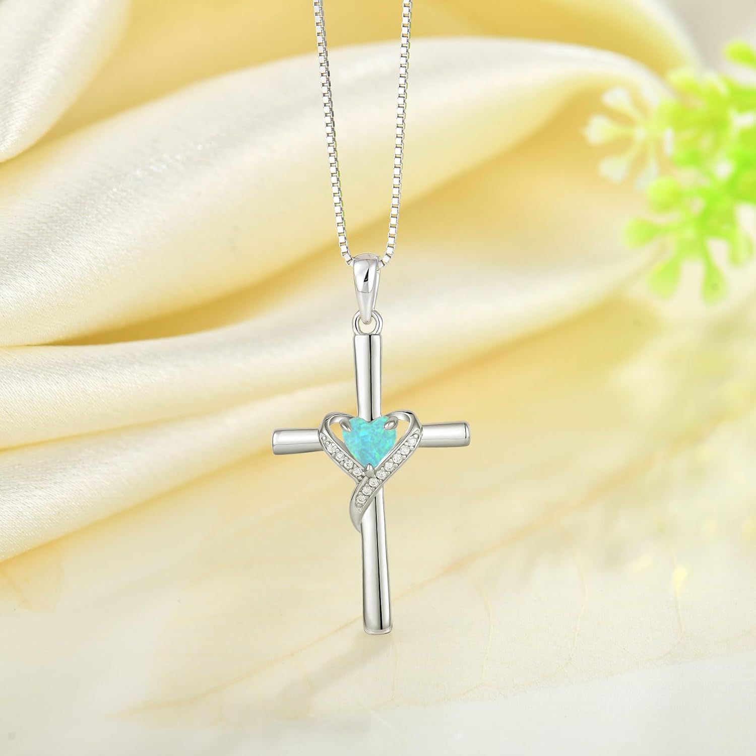Opal Cross Necklace or Women 925 Sterling Silver Heart Cross Pendant Necklace Birthday Christmas Jewelry - Image 2