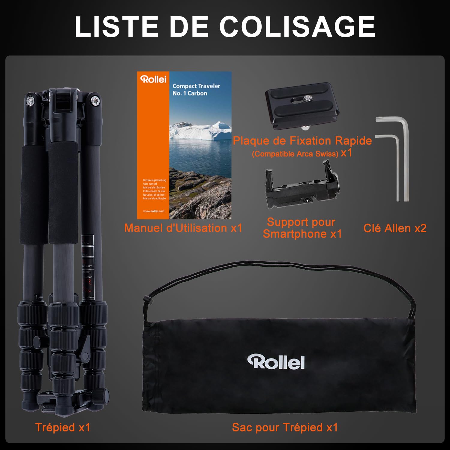 Rollei Compact Traveler No.1 Carbone Noir, 145cm Trepied Appareil Photo Voyage avec Rotule Ball & Téléphone Support Trépied Ultra Léger pour Sony Canon Nikon DSLR, Trepied-Appareil-Photo-Tripod-Voyage