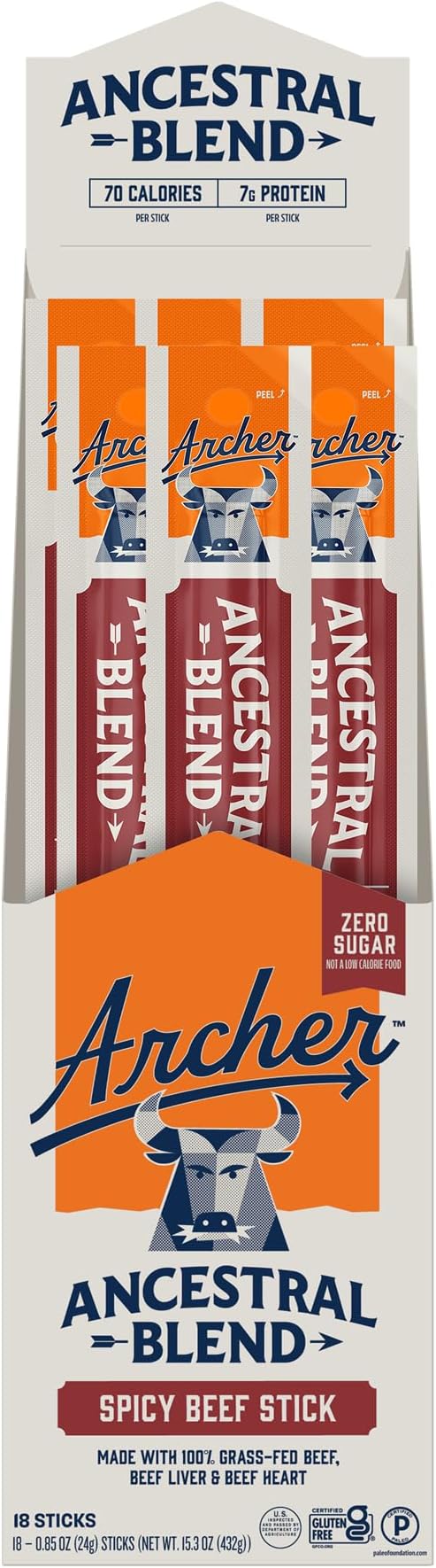 Country Archer Ancestral Beef Jerky Sticks Spicy - Hot Grass Fed Beef Sticks Individually Wrapped, Sugar Free Meat Snack Bulk, Gluten Free, Paleo, Keto, 7g Protein Per Stick - 1 oz (Pack of 18)