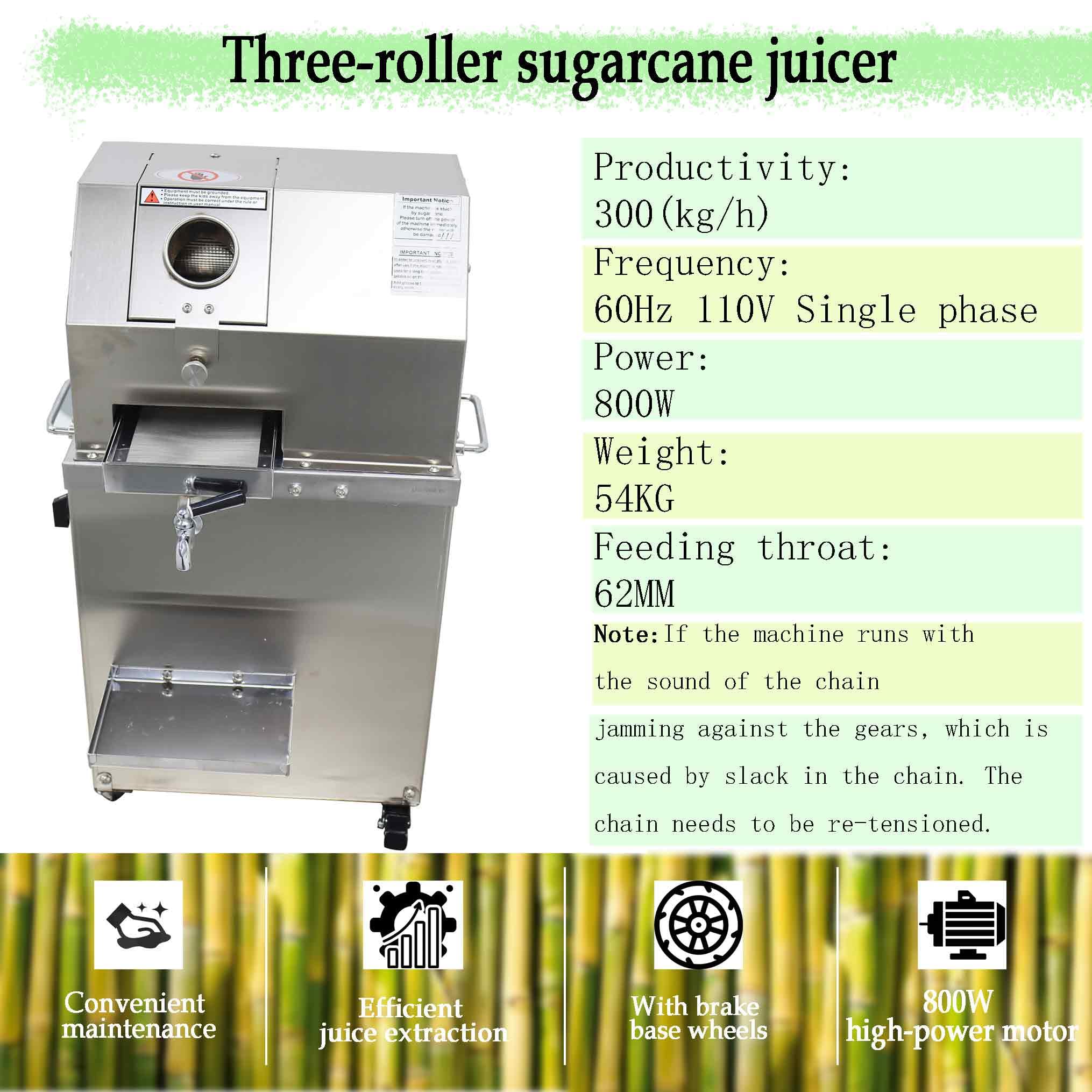 110V Vertical Electric Sugar Cane Ginger Press Juicer with 3 Rollers, High Juice Yield, 300KG/H Sugarcane Crushing Capacity, 800W Suger Cane Squeezing Juicer, Stainless Steel 2