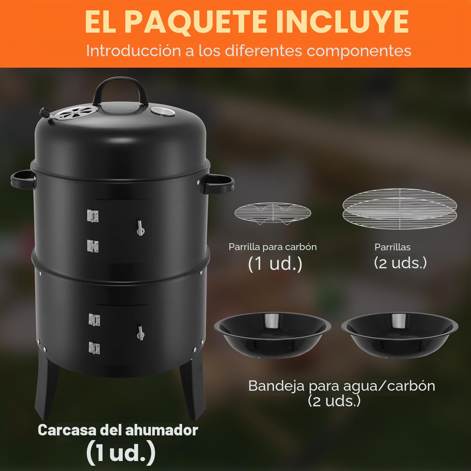Barbacoa ahumadora, diámetro de 41 cm, gran barbacoa para exteriores con termómetro y 6 ranuras de extracción, barbacoa de carbón vegetal para camping, pícnic, jardín y cocina al aire libre