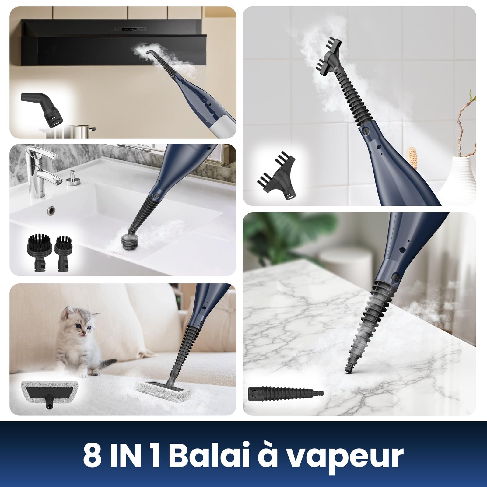 Nettoyeur Vapeur, Balai Vapeur Nettoyeur avec Tampons Rotatifs 8 en 1, Chauffe rapide en 15 secondes, 1200W Vaporetto laveur vapeur légère/3 modes de vapeur/éclairage LED pour différents types de sols