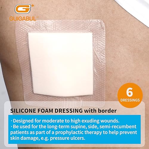 Miniatura 3 de Silicone Adhesive Foam Dressing with Gentle Border 6''x 6'' - Super Absorbency 5 Layer Foam Pad 4.2''x 4.2'' for Bed Sore Foot Diabetic Ulcer - 6