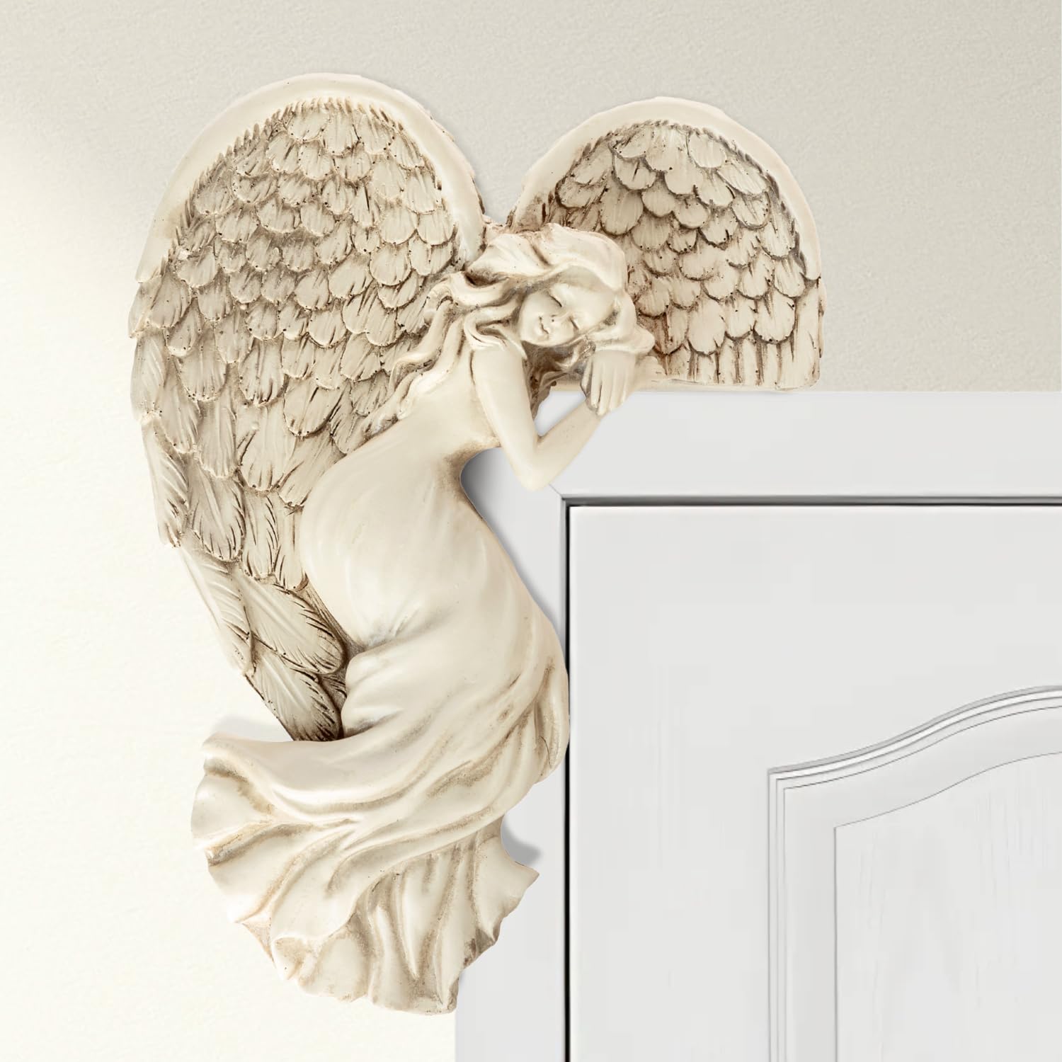 garden mile Vintage Shabby Chic Ivory Angel Wings Door Frame Ornament Unique Christmas Decoration Right Angle Wall Sculpture Fairy Door 25cm Tall for Christmas, Home or Wedding Decor