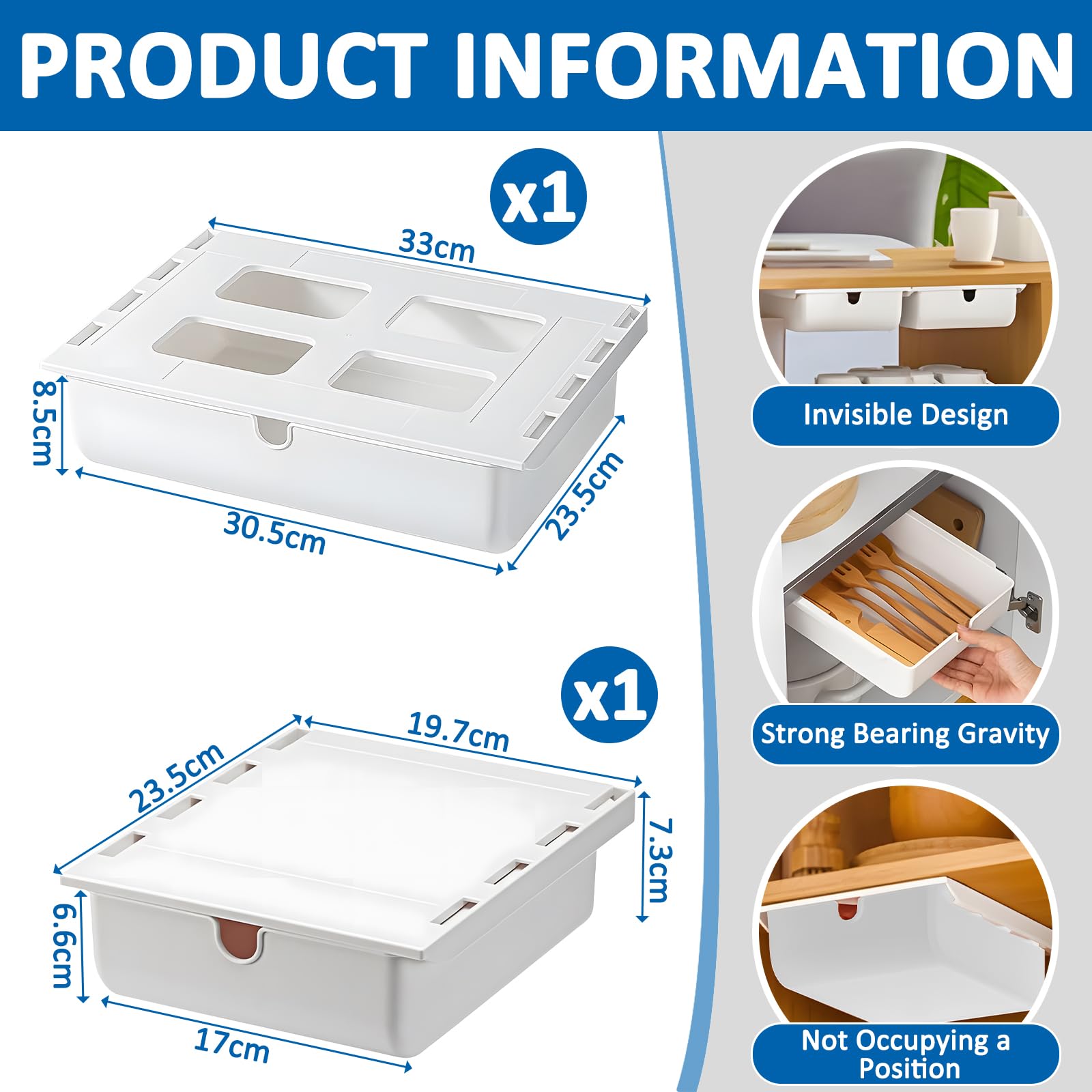Cajón Debajo Del Escritorio,2 Cajones Organizadores Caja de Almacenamiento,Cajones Autoadhesivos Organizador,Caja de Almacenamiento Oculta Blanco para Escuela, Cocina,Hogar y Oficina