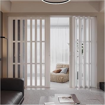 White Accordion Door to Separate Rooms, Kitchen Hallway Living Room Balcony Folding Door Acrylic Glass Through Sliding, 24" 30" 32" 36" 42" 48" 60" 72" 96" Wide, Retractable Closet DoorsWide 69in/175