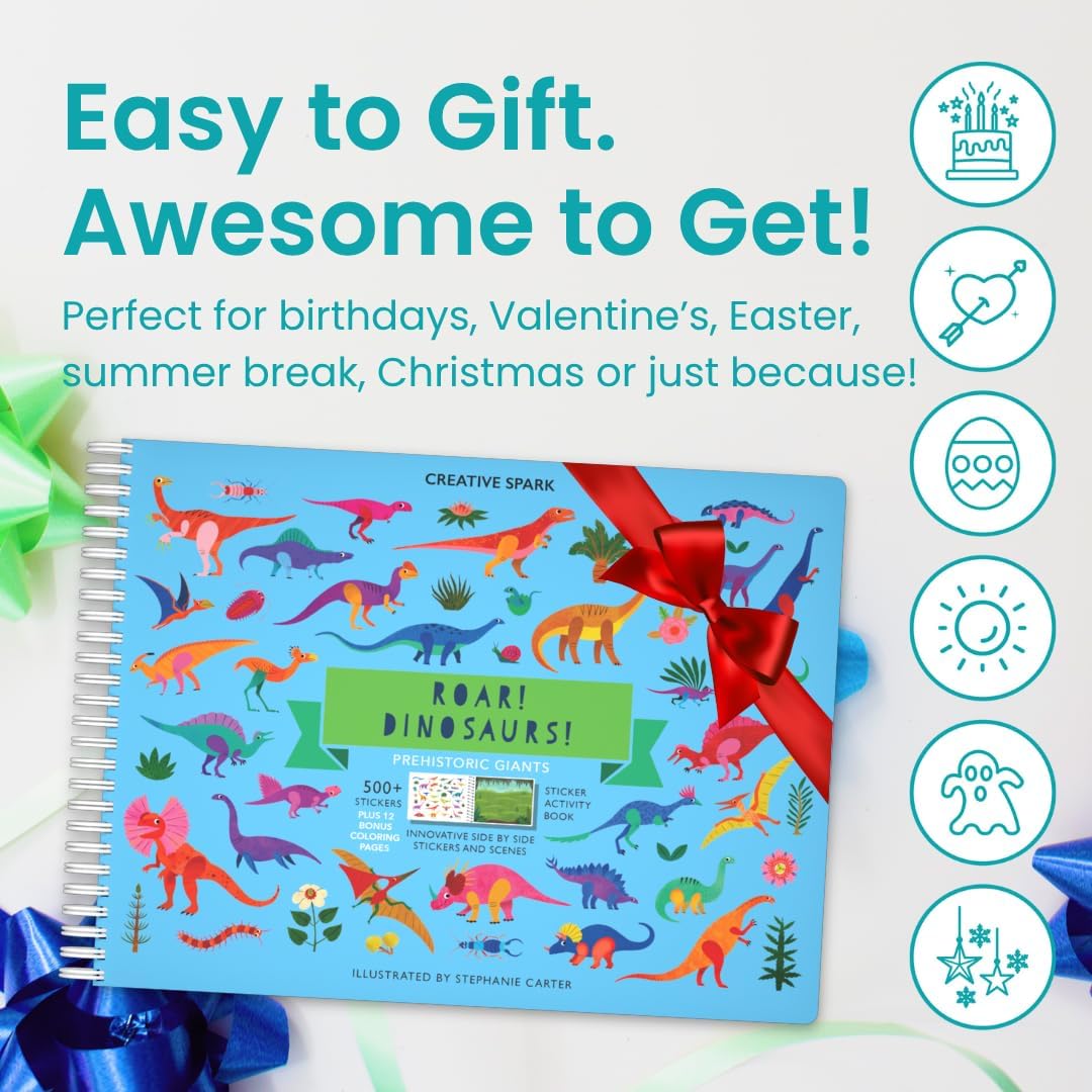 Cupkin Dinosaur Sticker Book Activity for Kids, Toddler Airplane Travel Essentials, 500+ Dino Stickers for Kids + 12 Scenes + 12 Coloring Book Pages, Dinosaur Lover Gift, Crafts Ages 2-8 - Image 7