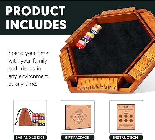 Miniatura 2 de Juego de dados Shut The Box mejorado para 1 a 6 jugadores, mesa de madera para niños y adultos con 16 dados, juego clásico de matemáticas de mesa