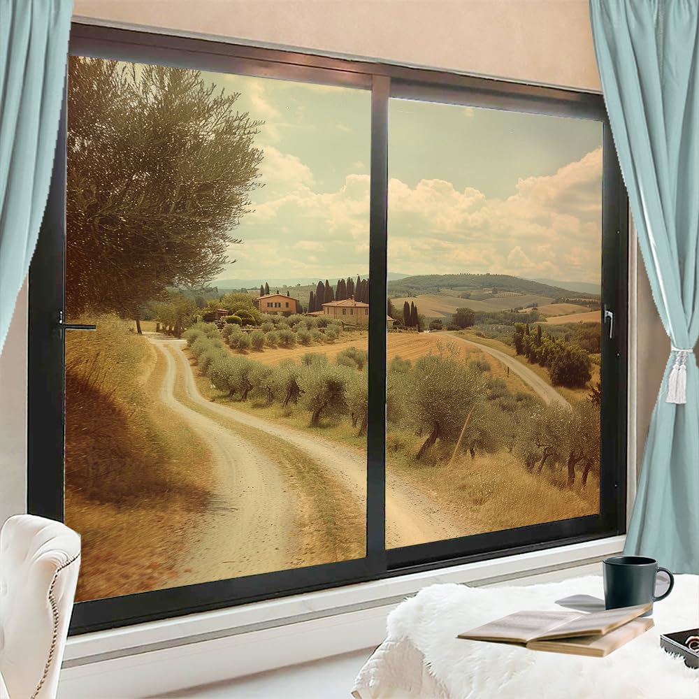 Retro Rustikale Pfad Fenster Sichtschutzfolie Abstrakte Dorf Landschaft Landschaft Milchglas Fensterfolie Dekorative Statische Haftung für Glas für Zuhause 80 x 140 cm x 2 Stück
