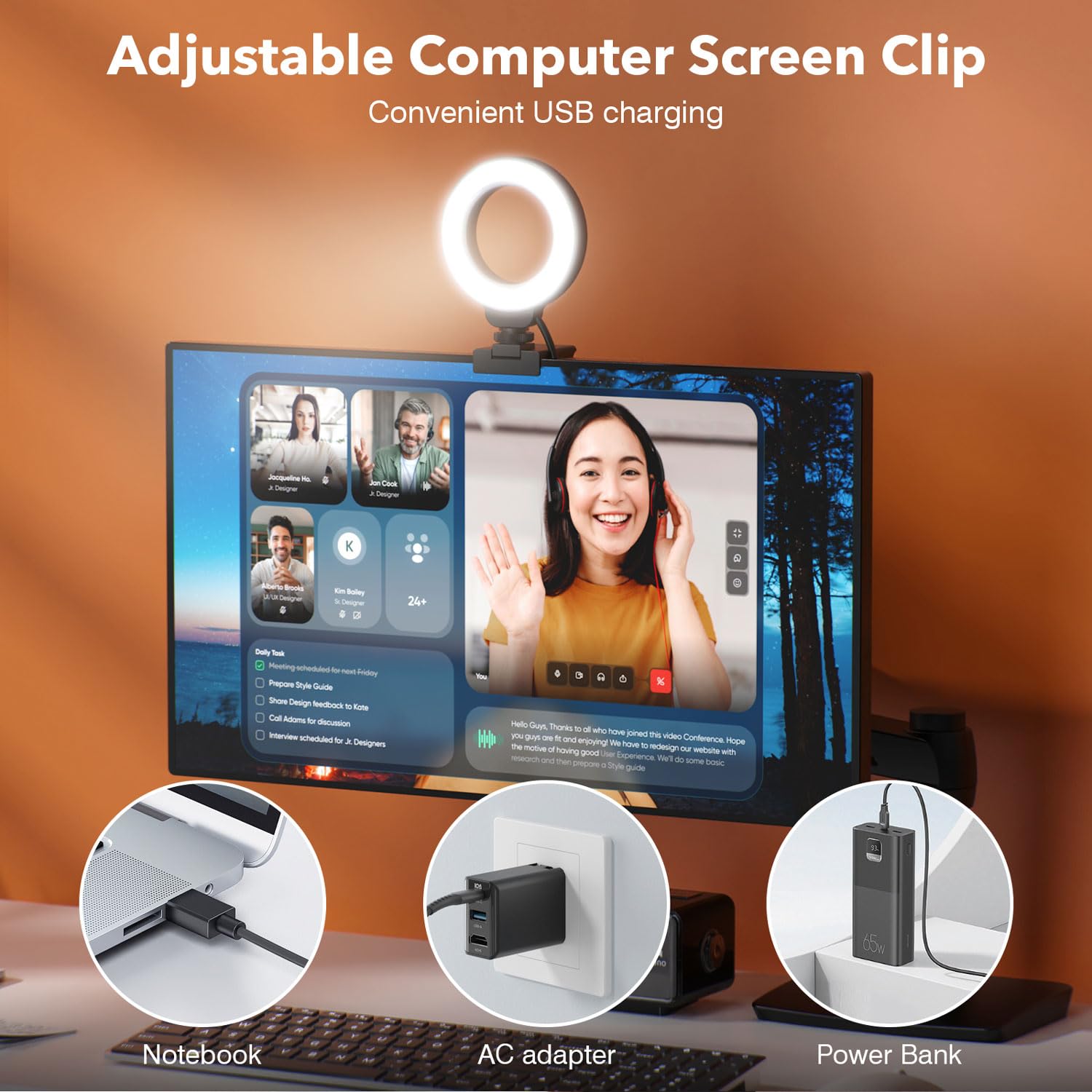 FDKOBE Ring Light for Laptop/Computer,Zoom Call, 4'' Small Video Conference Lighting with Webcam Style Mount and Tripod,3 Light Modes&10 Brightness Levels,Selfie