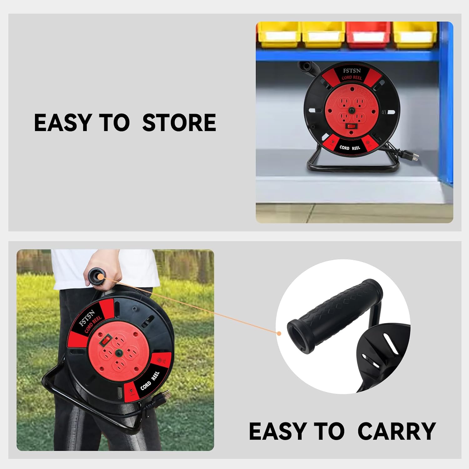 Heavy Duty Extension Cord Storage Reel with Hand Crank – Portable Open Cord Reel Holder for 12/3, 14/3, 16/3 Power Cords, 4-Grounded Outlets, Electric Cable Roller, Red.