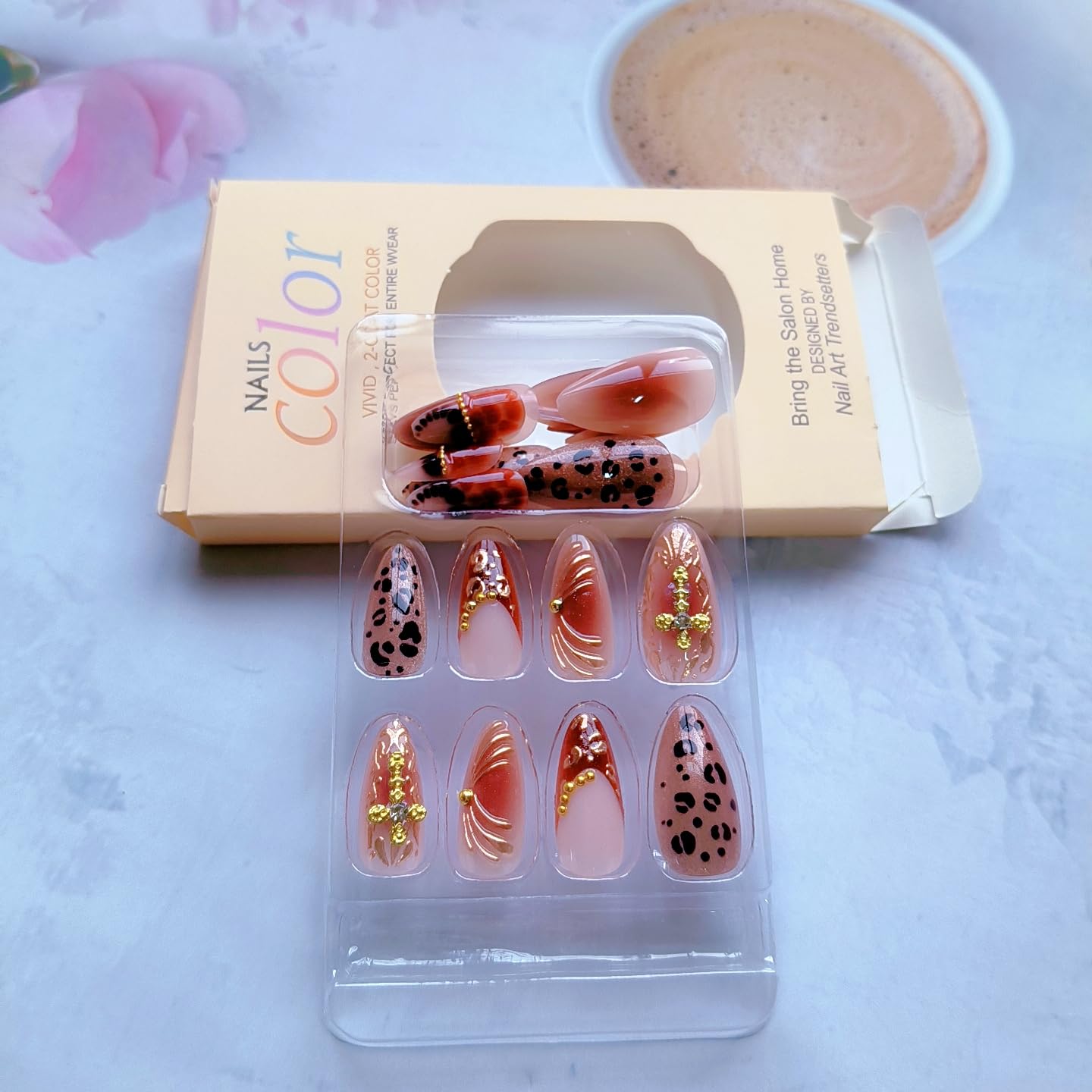 Brown Leopard Print Press on Nails Medium Almond Cat's Eye Fake Nails Press ons 3D Gilde Cross Design Ombre French False Nail Tips Kit Full Cover Glue on Nails Stick on Nail for Women 24Pcs