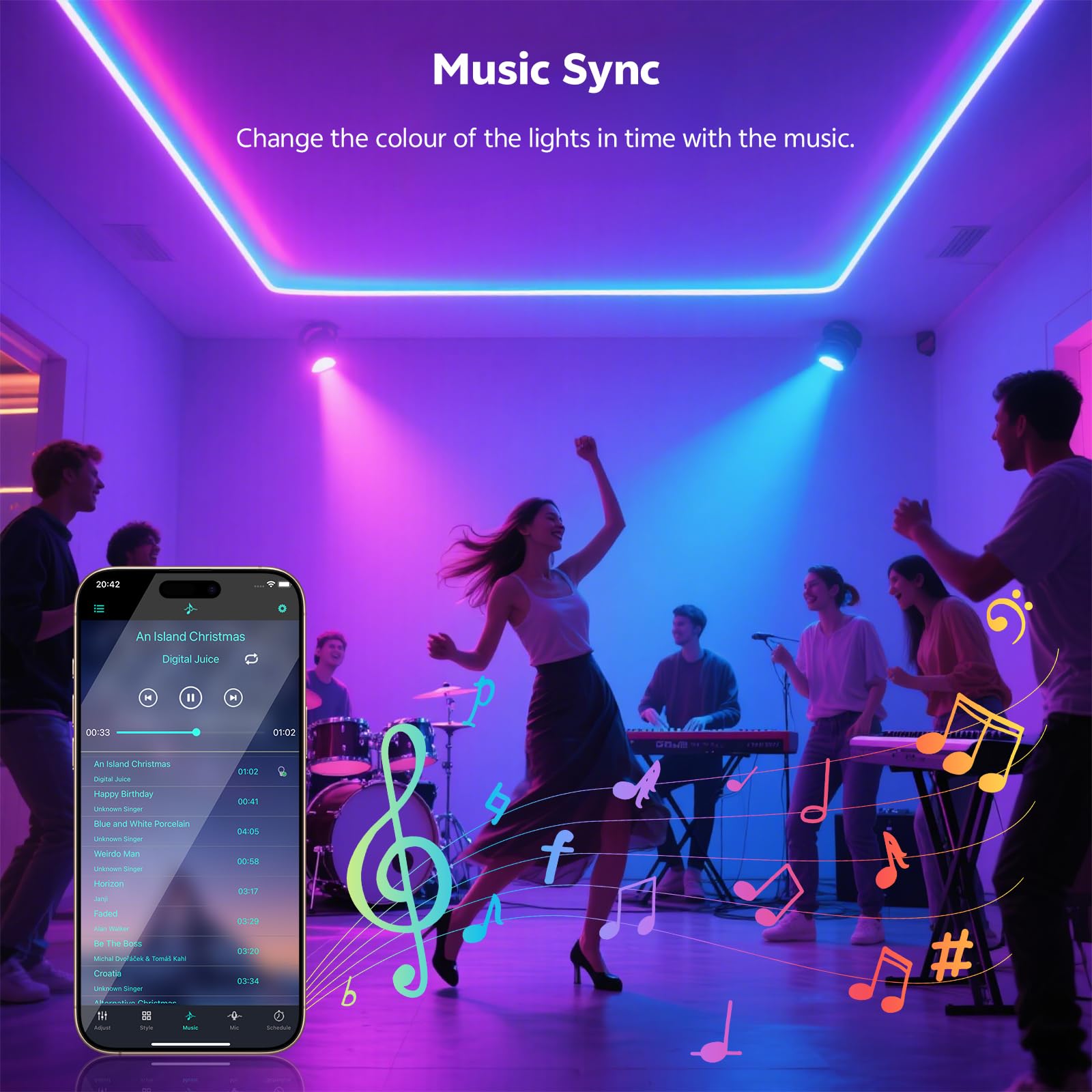 Tira LED de 20 m para Exteriores, Tira LED RGB Impermeable IP68 para Exteriores Compatible con Control Remoto/APP con Sincronización Musical y Función de Temporizador para Balcones, Tejados y Jardines