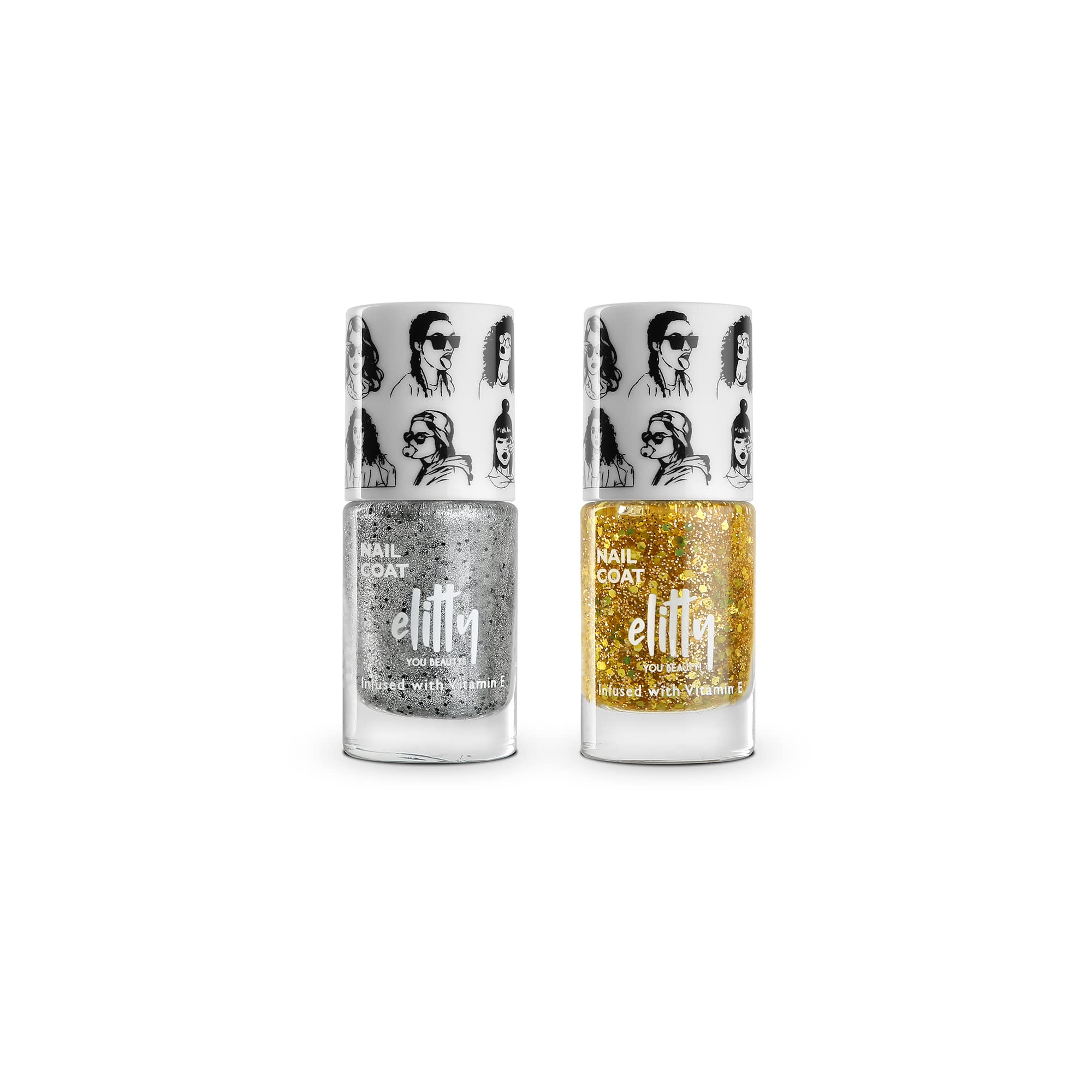 Elitty Nail Polish for Women (Set of 2) , Chip Resistant, Long Lasting, Party Nail Paint Combo with - 12 Toxin Free Formula, Infused with Witch Hazel & Vit E, Vegan & Cruelty Free Nail Polish (Silver, Golden)