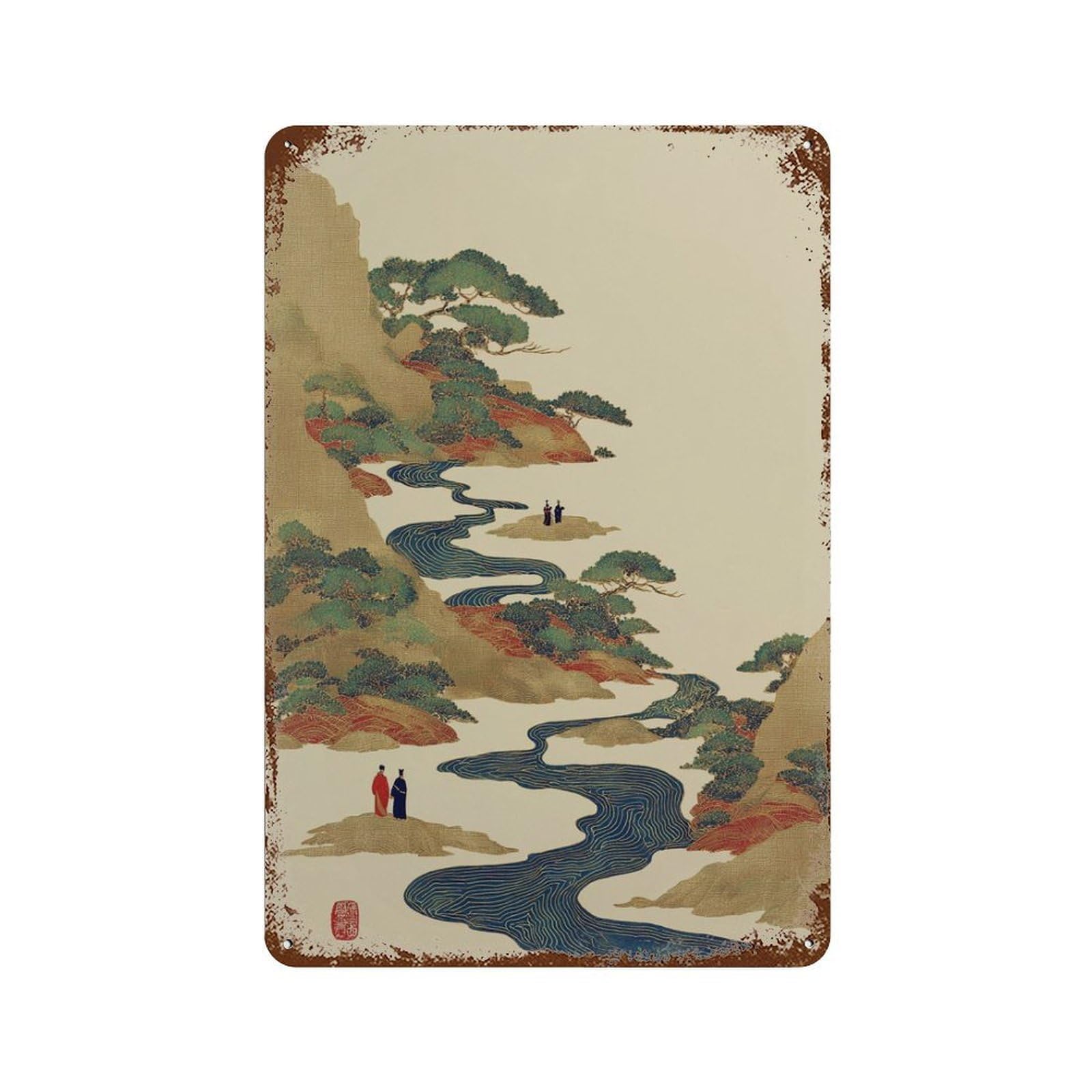 xiaoxiaoshen Japanese Landscape Winding River Mountain Zen Nature Scenery Oriental Blue And G Wall Decor Art Metal Tin Poster Modern Home Decor Art Home Bar Shop Decorations Vintage Sign 30x20cm