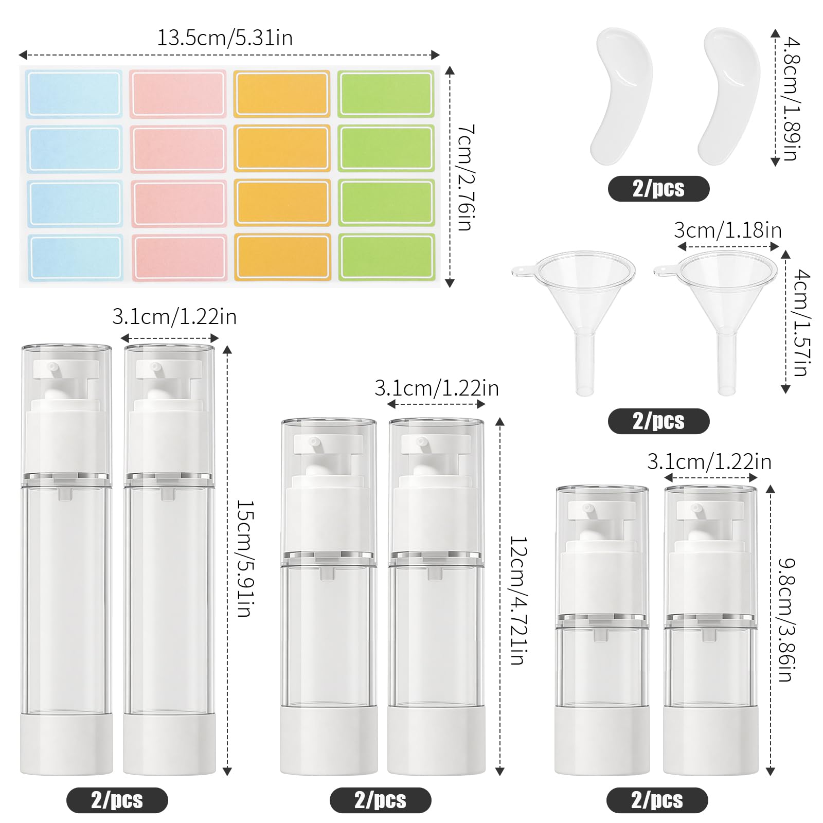 6Pcs Airless Contenitore Crema Pump,Flaconi a Pompa Airless, flaconi da viaggio sottovuoto da 15 ml/30 ml/50 ml, con adesivo, spatola e piccolo imbuto