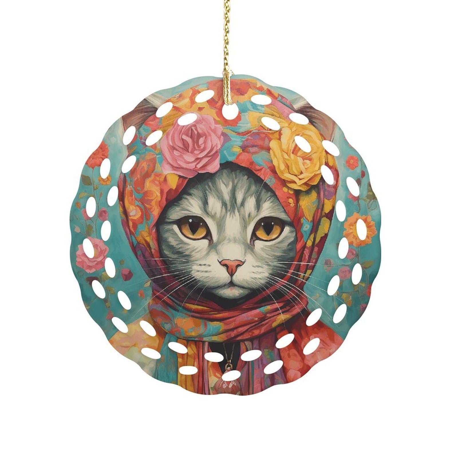 Btcowzrv Style Hand Drawn Cat Ceramic Ornament,Round Ornaments With Hole Easy To Hang,Hanging Ornament For Wedding Party Home Window Garden Christmas Day Decor