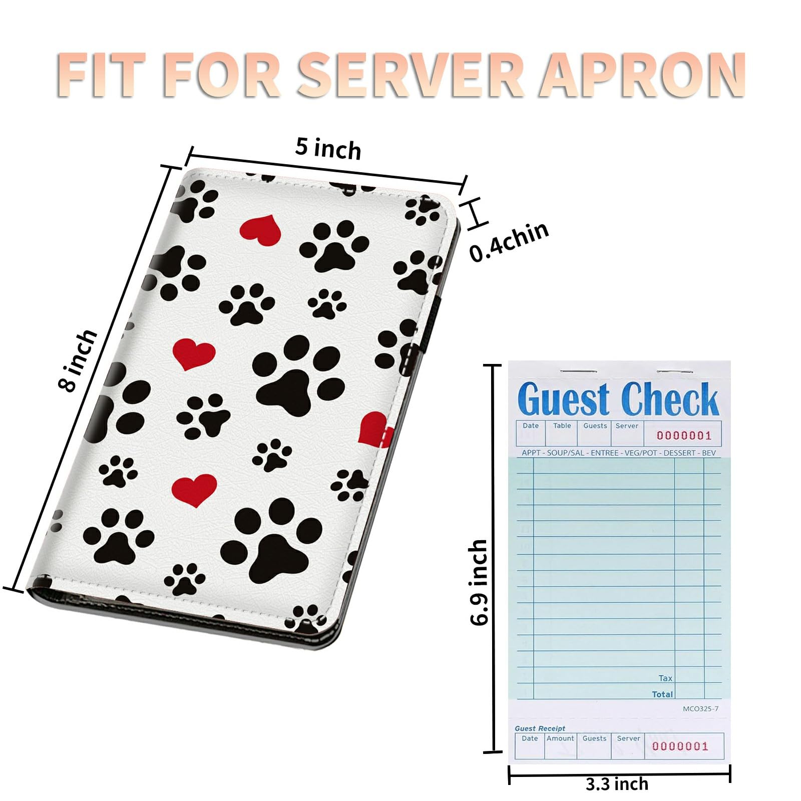 Server Books Plus 2 Pack Guest Checks Pads for Waitress Waiter, Dog Paws Server Booklet Waitstaff Organizer with Zipper Pocket Guest Check Presenters Server Wallet Money Holder (5