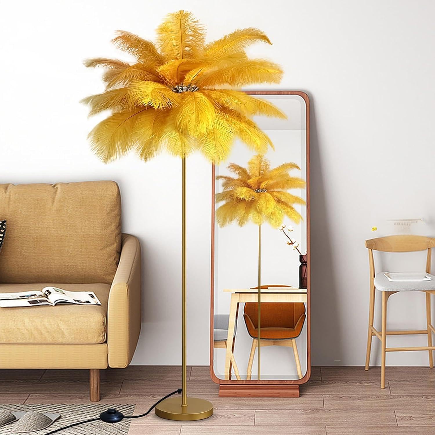 Atwnjkp Gold Feather Floor Lamp,Ostrich Feather Floor Lamps,Modern Standing Light with Elegant Gold Lampshade,Tall Feather Lamp Floor for Bedroom Living Room Office,Gold