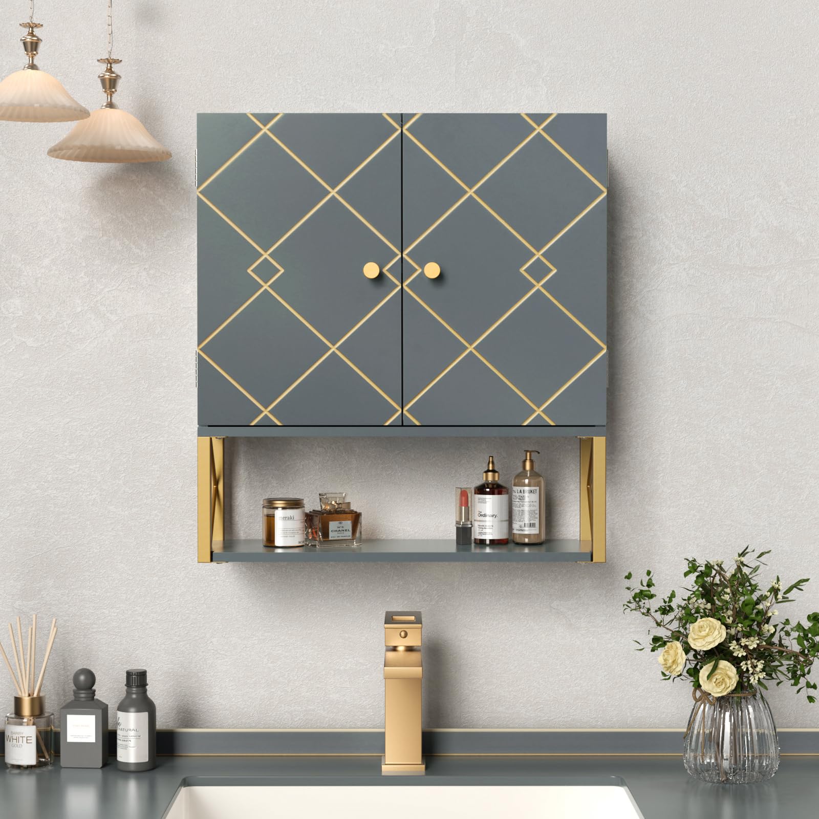 Bathroom Cabinet Wall Mount with Golden Trim, Wood Bathroom Medicine Cabinet with Doors and Adjustable Shelves, Hanging Over The Toilet Storage Cabinet for Bathroom Laundry Kitchen