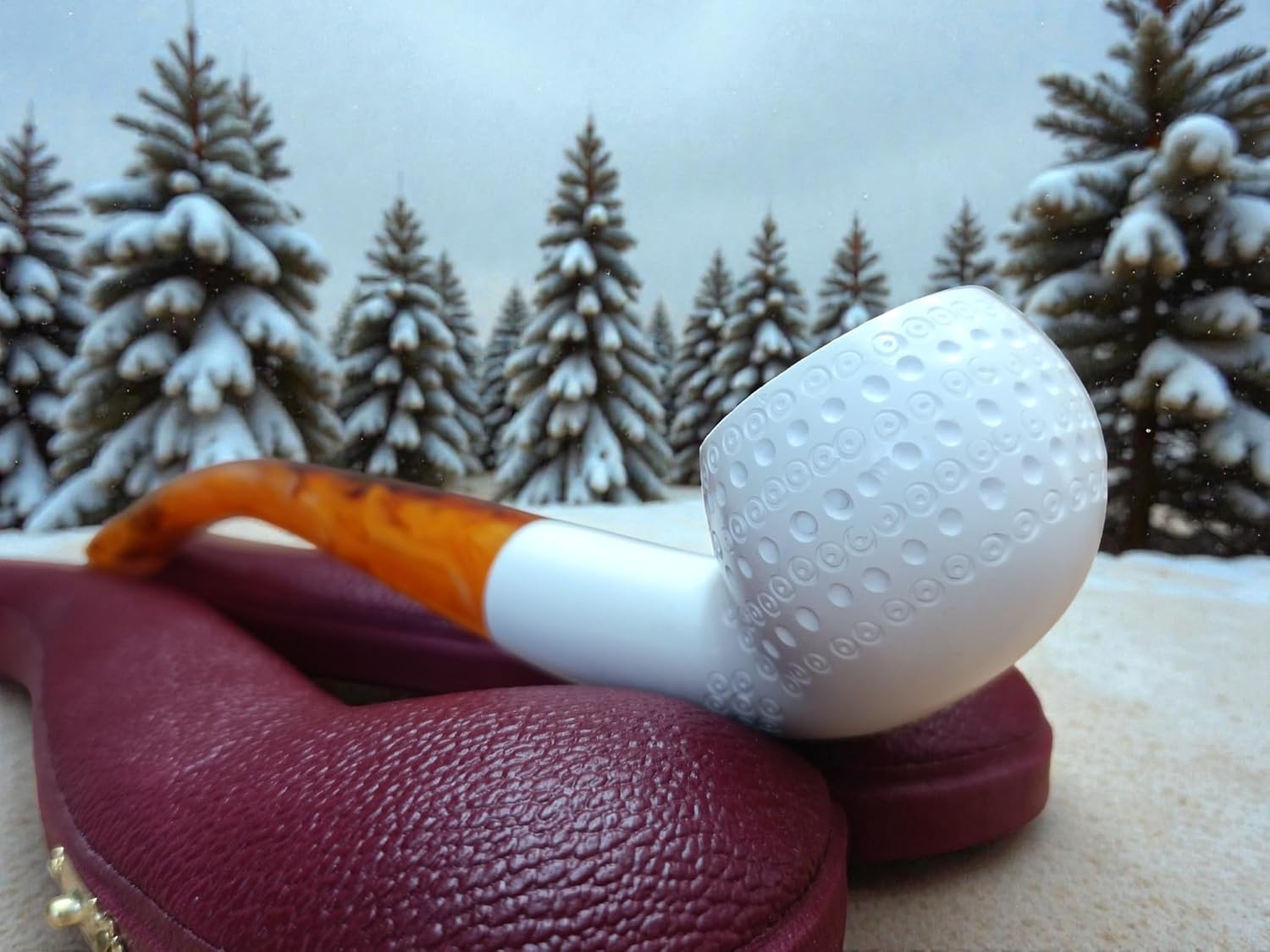 Meerschaum Online Block Meerschaum Amber Galaxy Pipe, White with Developing Amber Patina, Billiard Shape, 148mm Length, Hand-Carved