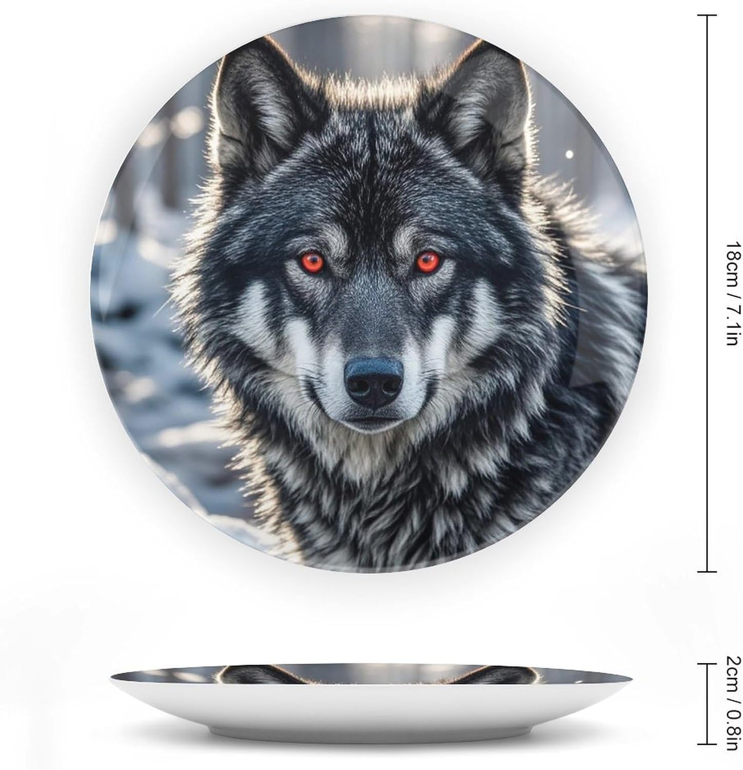Big Black Wolf with Red Eyes Ceramic Plate 10inch Decorative Bone China Wall Hanging Ornament Plates Bohemian Style Dinner Plate with Display Stand Cabinet Display Plates for Home Art Decor