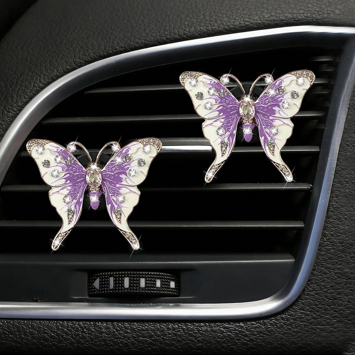 Craedli 2PCS Bling Butterfly Car Dashboard Air Vent Trim Clips, Crystal Rhinestone Car Air Conditioning Clip Charm, Universal Sparkly Auto Interior Decoration Accessories for Women (Purple)