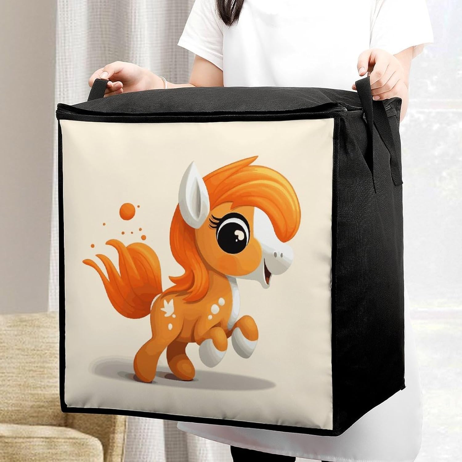 Portable Quilt Storage Bag,Cute Orange Pony Printed Foldable Wardrobe Storage Box Foldable Storage Bag with Lids And Handle Large Clothing Storage Bag for Comforters Clothes Blankets Pillows