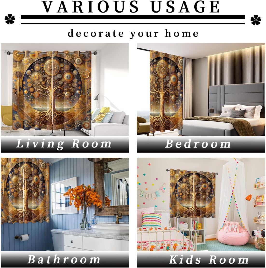 Cool Yggdrasil Tree of Life Blackout Curtains,Abstract Geometric Medieval Steampunk Indian Mandala Floral Grommet Thermal Insulated Window Drapes Light & Sound Blocking Drapes-36W x 72L 2 Panels