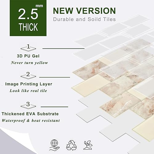 Miniatura 7 de STICKGOO Azulejos de metro de 10 hojas para despegar y pegar, aspecto de mármol marrón para pegar en azulejos de cocina (diseño más grueso)