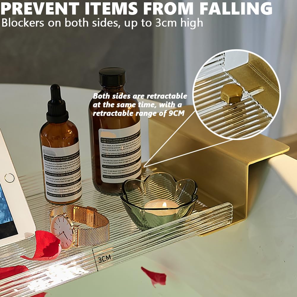Bandeja de bañera acrílica ajustable, estante de puente para bañera con asas doradas expandibles, elegante organizador de ducha de plexiglás, bandeja de lujo para teléfono celular y soporte para copas