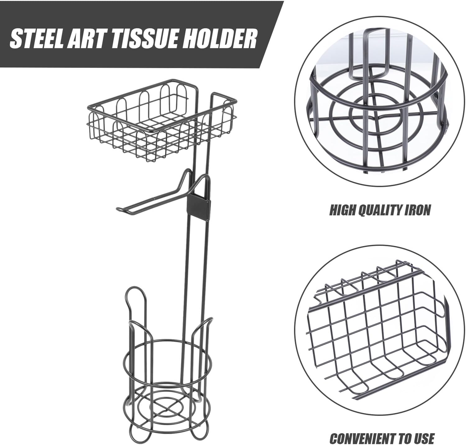 Didiseaon Wrought Iron Toilet Paper Holder Vertical Roll Paper Rack with Storage Shelf Black Metal for Bathroom Floor Use