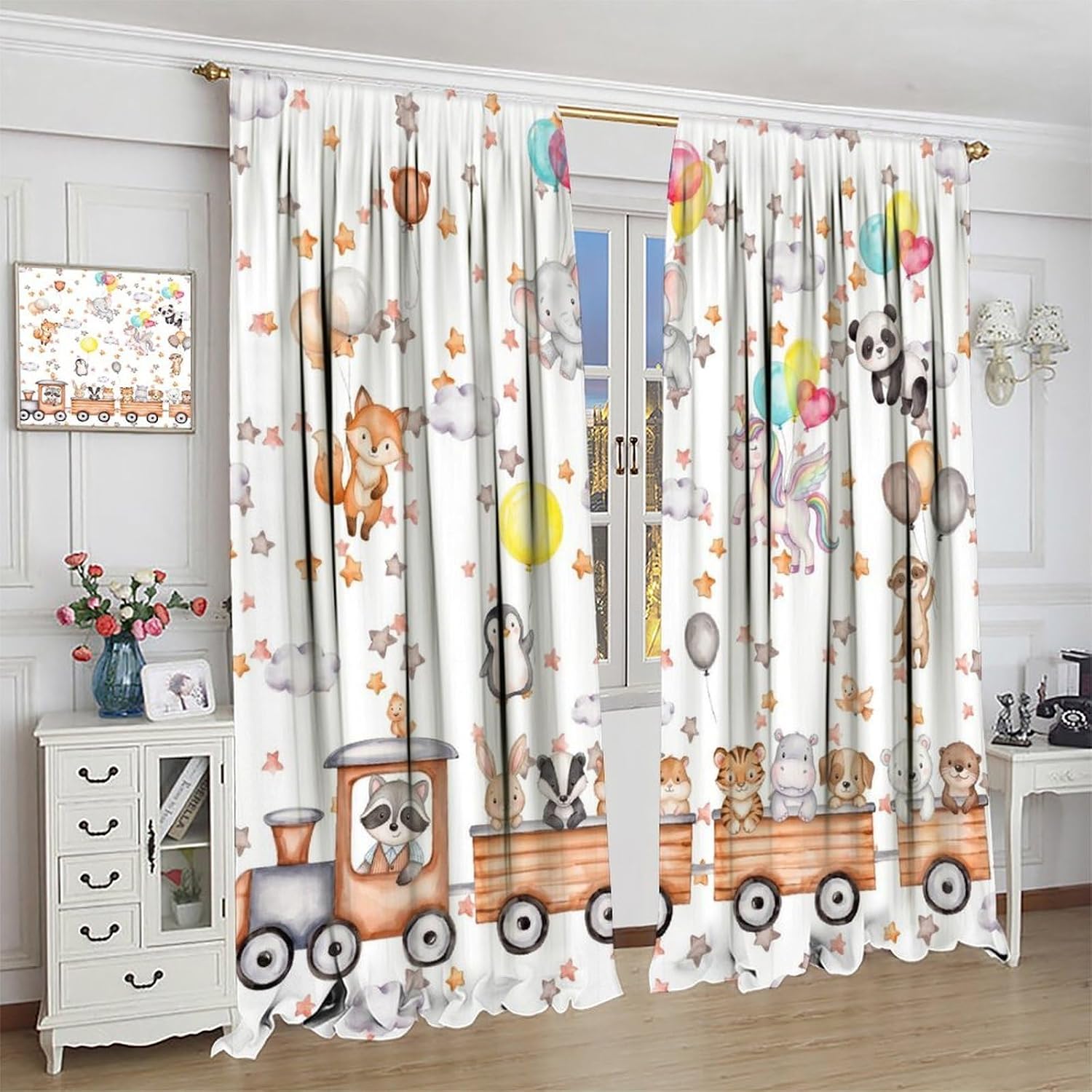 Cartoon Animal Curtains for Kids,Funny Cute Watercolor Forest Animals Lion Giraffe Balloon Bear Stars Window Treatments for Nursery Baby Toddler Boys Girls Bedroom Living Room 42x45in（No Blackout） image 5
