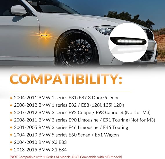 LED Side Marker Lights Turn Signal Lamps Compatible with BMW E90 E91 E92 E93 E46 E53 X3 E83 X 1 E84 E81 E82 E87 E88, Smoked Len 2pcs (Sequential Amber&White)