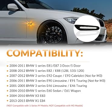 LED Side Marker Lights Turn Signal Lamps Compatible with BMW E90 E91 E92 E93 E46 E53 X3 E83 X 1 E84 E81 E82 E87 E88, Smoked Len 2pcs (Sequential Amber&White)