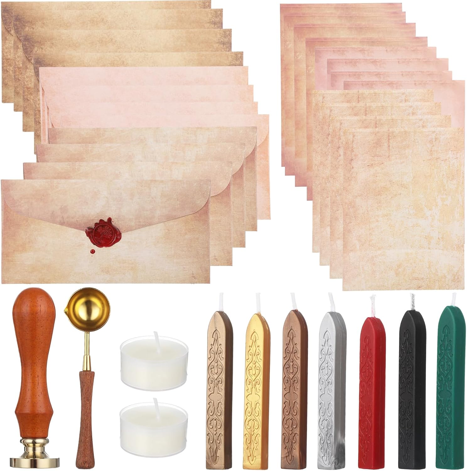 35 PCS Vintage Writing Paper Envelope Set, Antique Style Stationery Kit with Wax Seal Stamp Sticks Spoon Tea Candles for Letters Wedding Festival Invitations Present Package DIY Crafts