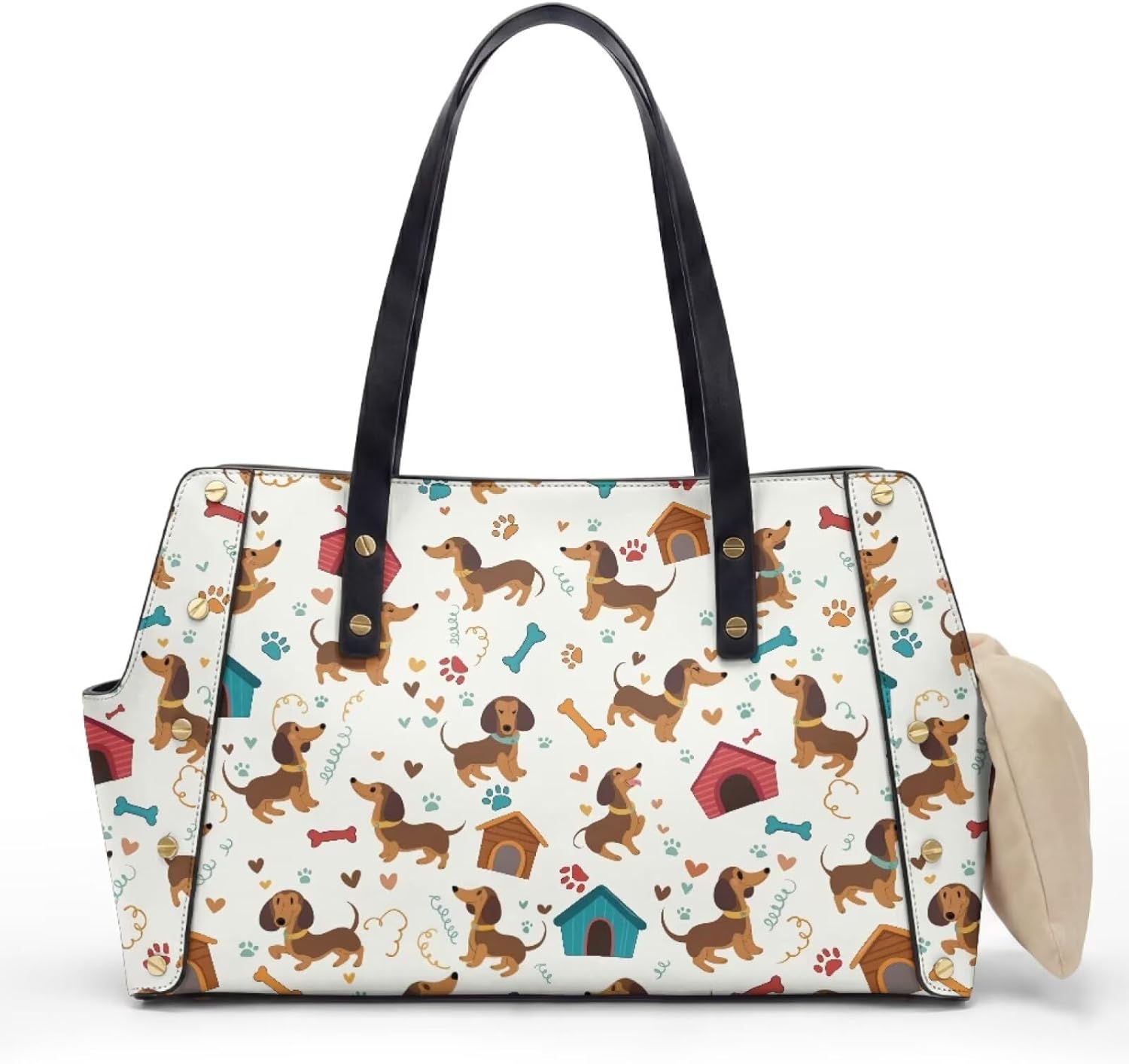Dachshund Paw Bone Print Dog Purse Carrier Waterproof Leather Pet Carrier Purse Portable Dog Bag Carrier Tote Purse Cute Pet Travel Shoulder Bag with Cushion