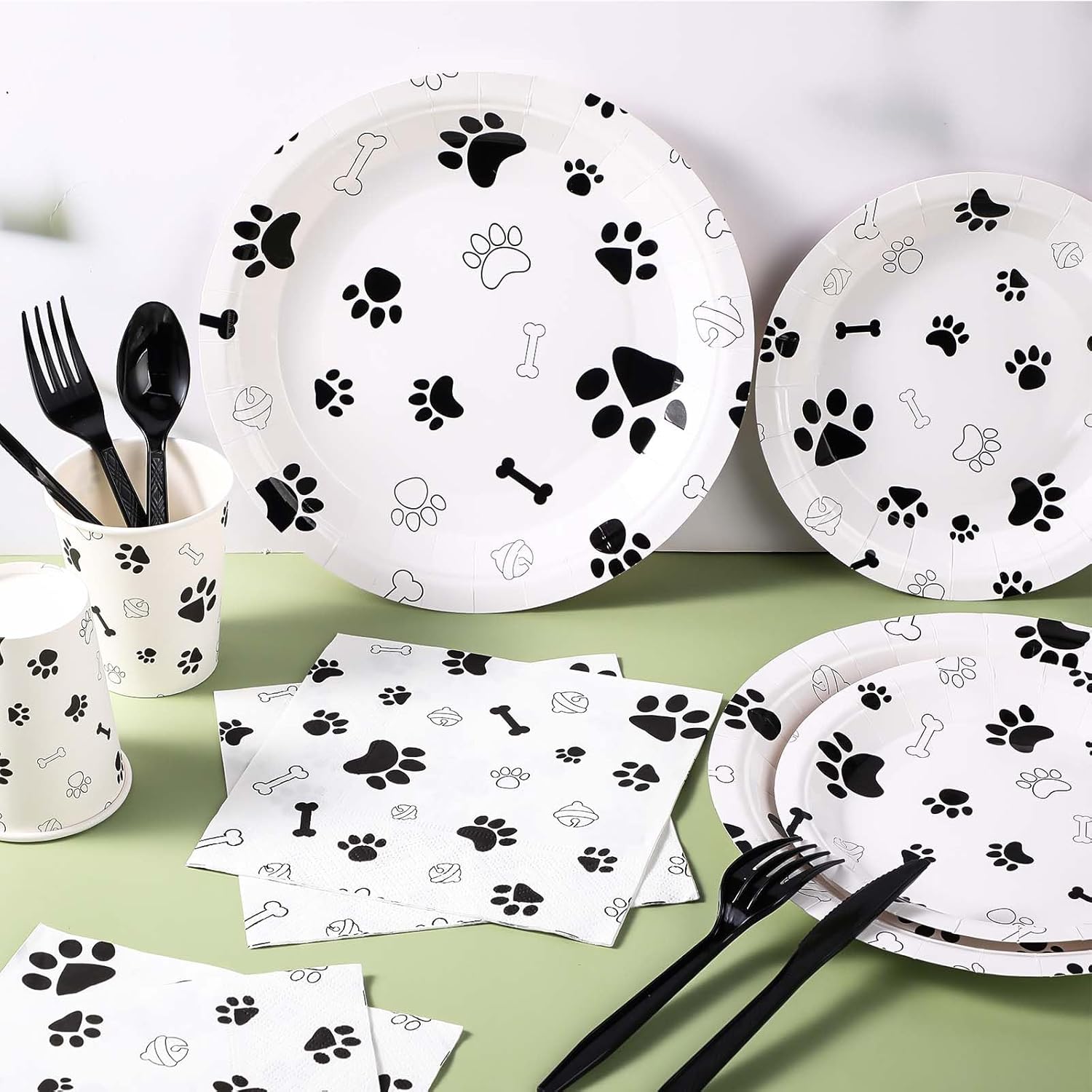 Tanlade 171 Pieces Dog Paw Pattern Birthday Party Supplies Set Includes 7" and 9" Plates Cup Napkins Forks Knives Spoon 2 Tablecloth Banner for Puppy Theme Birthday Party Decorations
