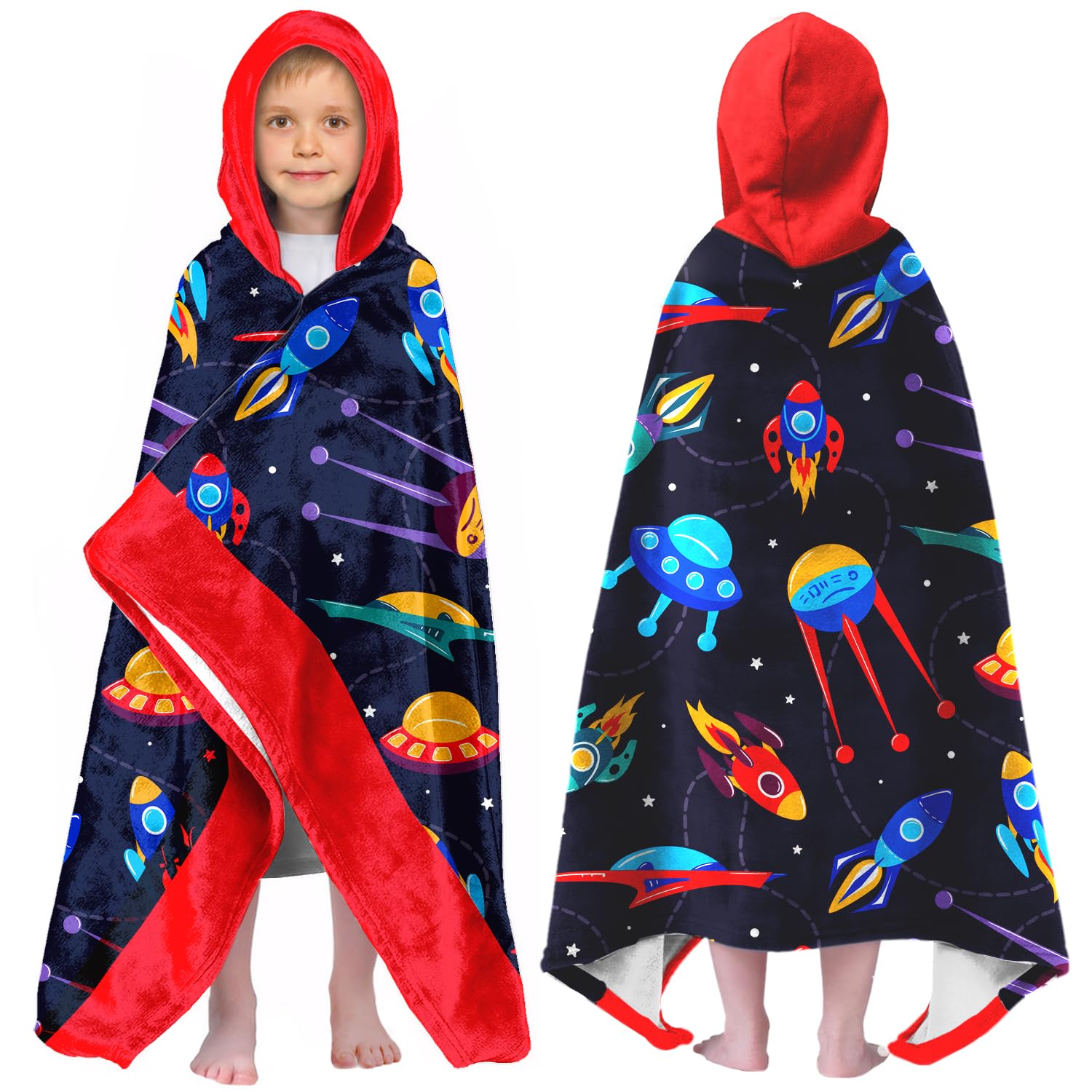 Universe Boys Beach Towel with Hoodie for Kids Toddlers Age 4-8,Starry Sky Blue Bath Towels Shower Wrap for Boys, Hooded Poncho Beach Blanket for Pool