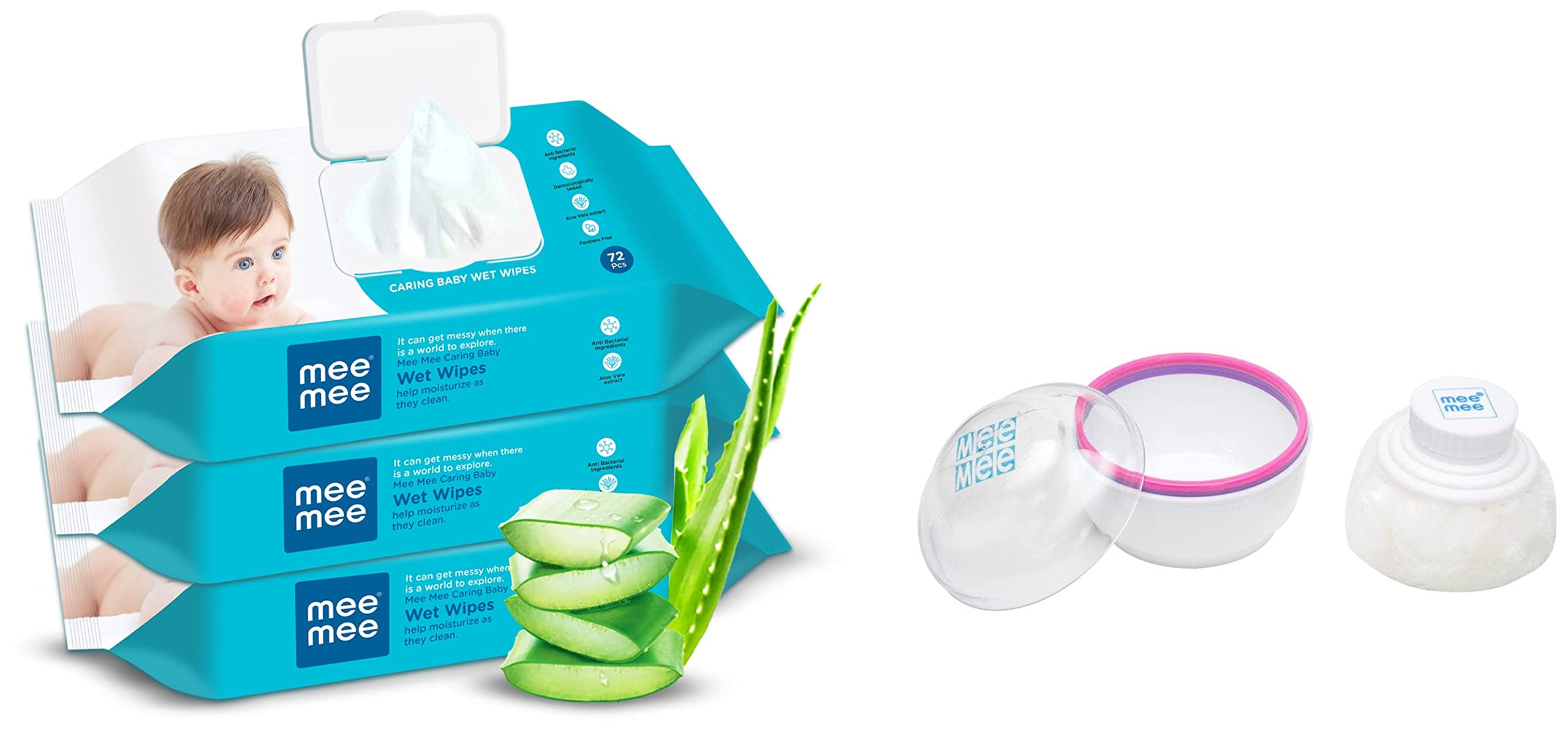 Mee Mee Powder Puff (Premium, Pink) & Mee Mee Caring Baby Wet Wipes with lid, 72 Pcs (Aloe Vera, Pack of 3)-image-38