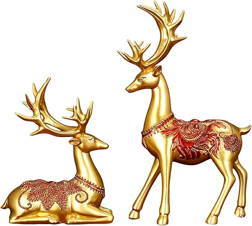 2 figuras de reno de Navidad decoraciones de resina estatuas de ciervos sentados y de pie estatuas de alce estatua de ciervos de Navidad decoración