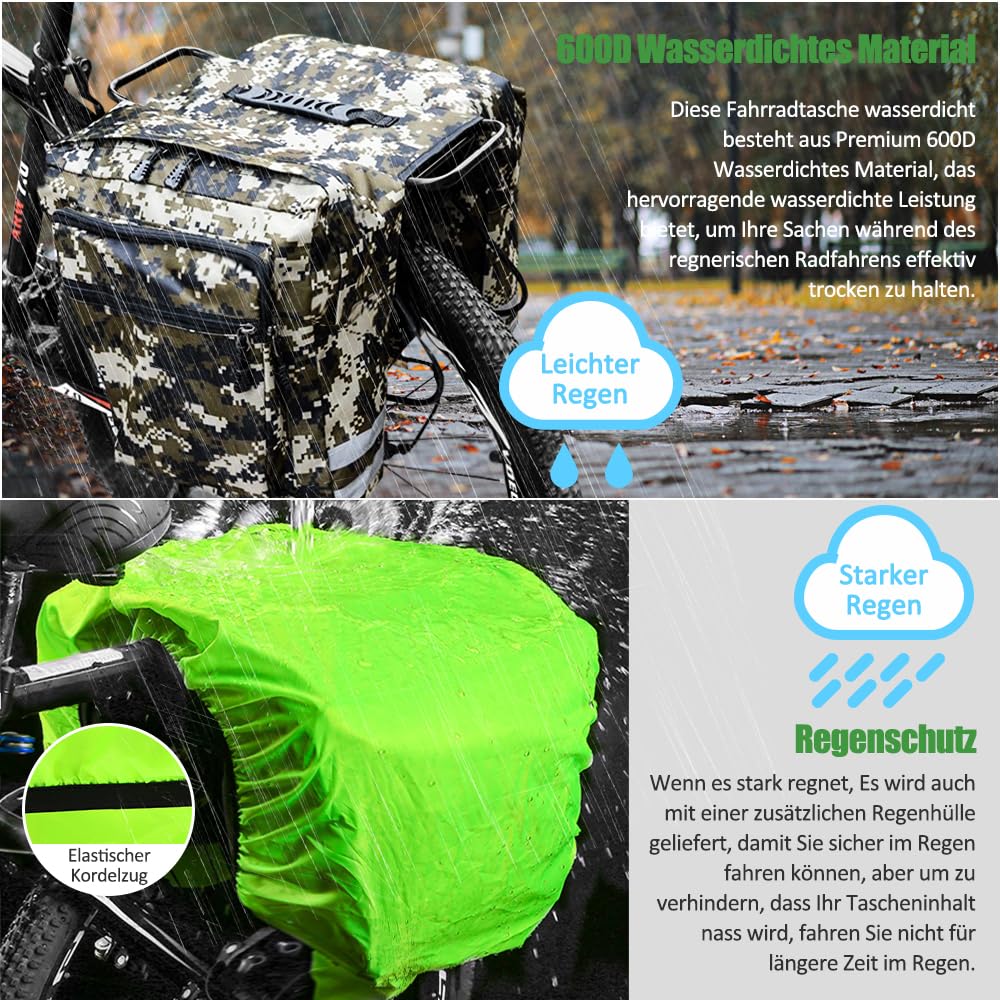 Borse da bicicletta per portapacchi, da 30 l, doppia borsa da bicicletta per portapacchi posteriore, impermeabile, con copertura antipioggia, con nastri riflettenti (mimetizzazione)
