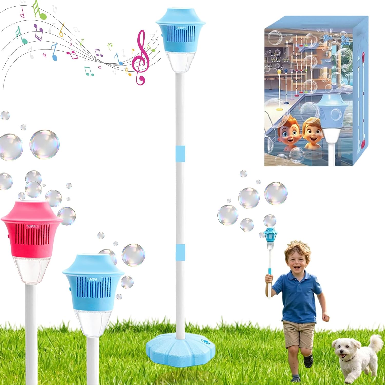 Automatic Handheld Bubble Machine, Outdoor Standing Light Up Bubble Blower, Electric Stand up Bubbles Maker for Party Wedding Play, Adjustable Height (Blue)