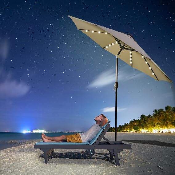Backyard Expressions 9ft Solar Patio Umbrella with 32 LED Lights - Beige Outdoor Market Umbrella with Tilt & Crank, Solar-Powered Lighting