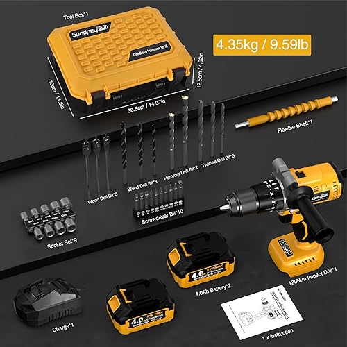 Miniatura 7 de Taladro de Martillo Inalámbrico de 21V - Juego de Taladro sin Escobillas de 1060In·lbs con 2 x Batería 4.0Ah - Taladros de Batería de Par 20+3 de