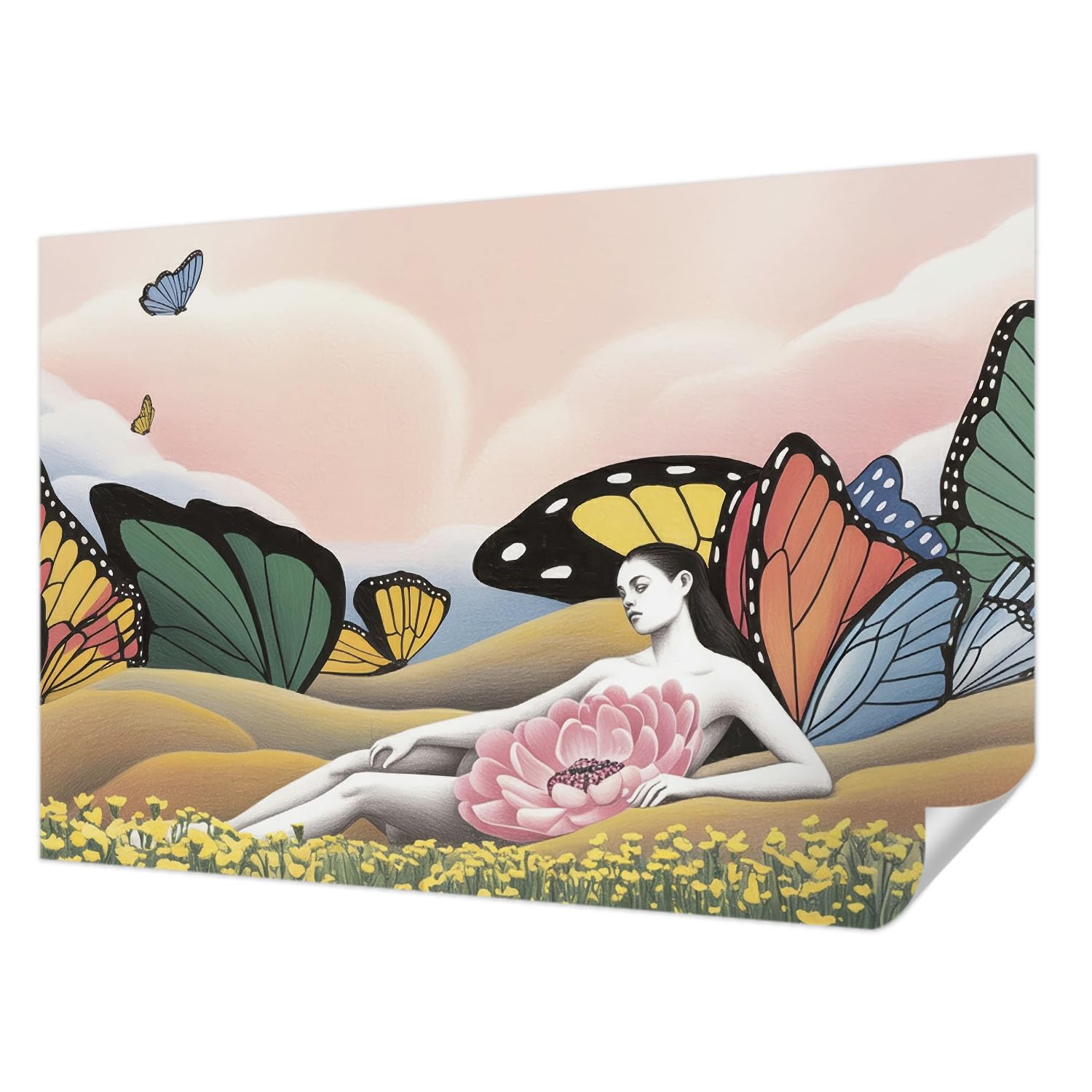 Papier Peint Auto-Adhésif Salon et Chambre Esprit Prairie aux Papillons 104x70 cm