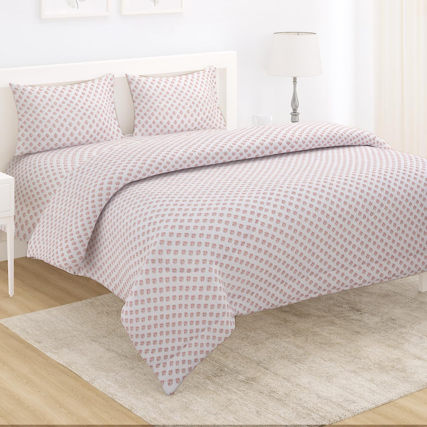 HOKIPO Polyester Quilt Comforter Bedding Set, 220 Gsm, Ac Blanket, Reversible Microfibre Duvet Double Bed Size With 1 Bedsheet And 2 Pillow Cover (In-564-D3), White